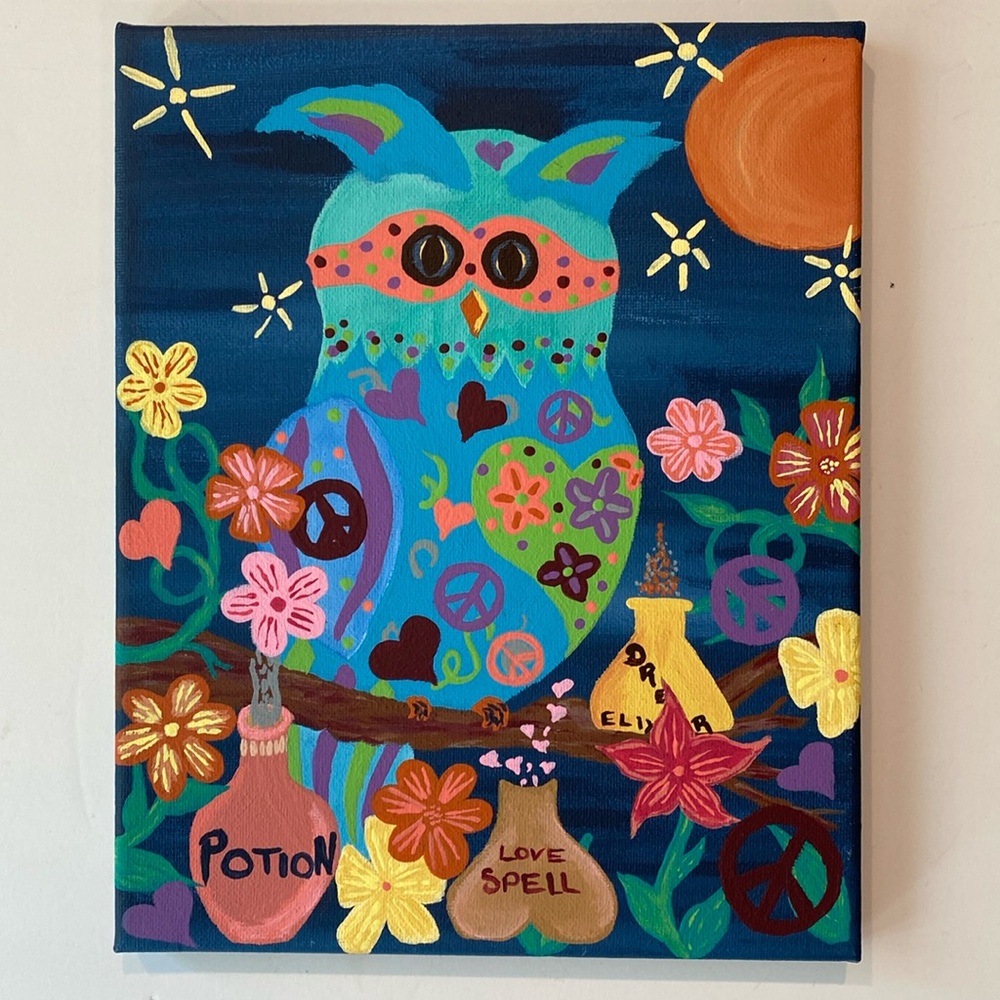 Hipster Owl 8” x 10” Canvas Painting Colorful Wall Art New Painting